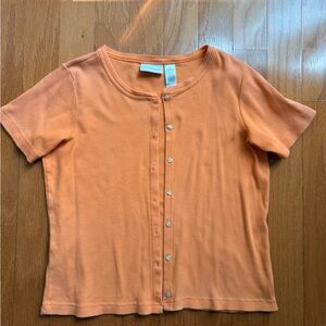 Classic Short Sleeve Button Front Top in cantaloupe orange